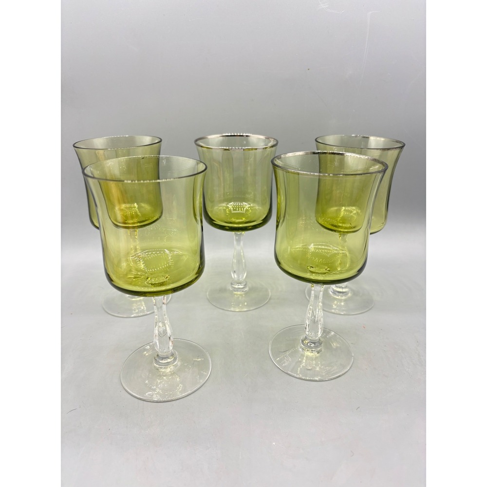 Vtg 6 Pc Green Wine Water Goblets Glasses Clear Fluted Stem Mid Century Modern